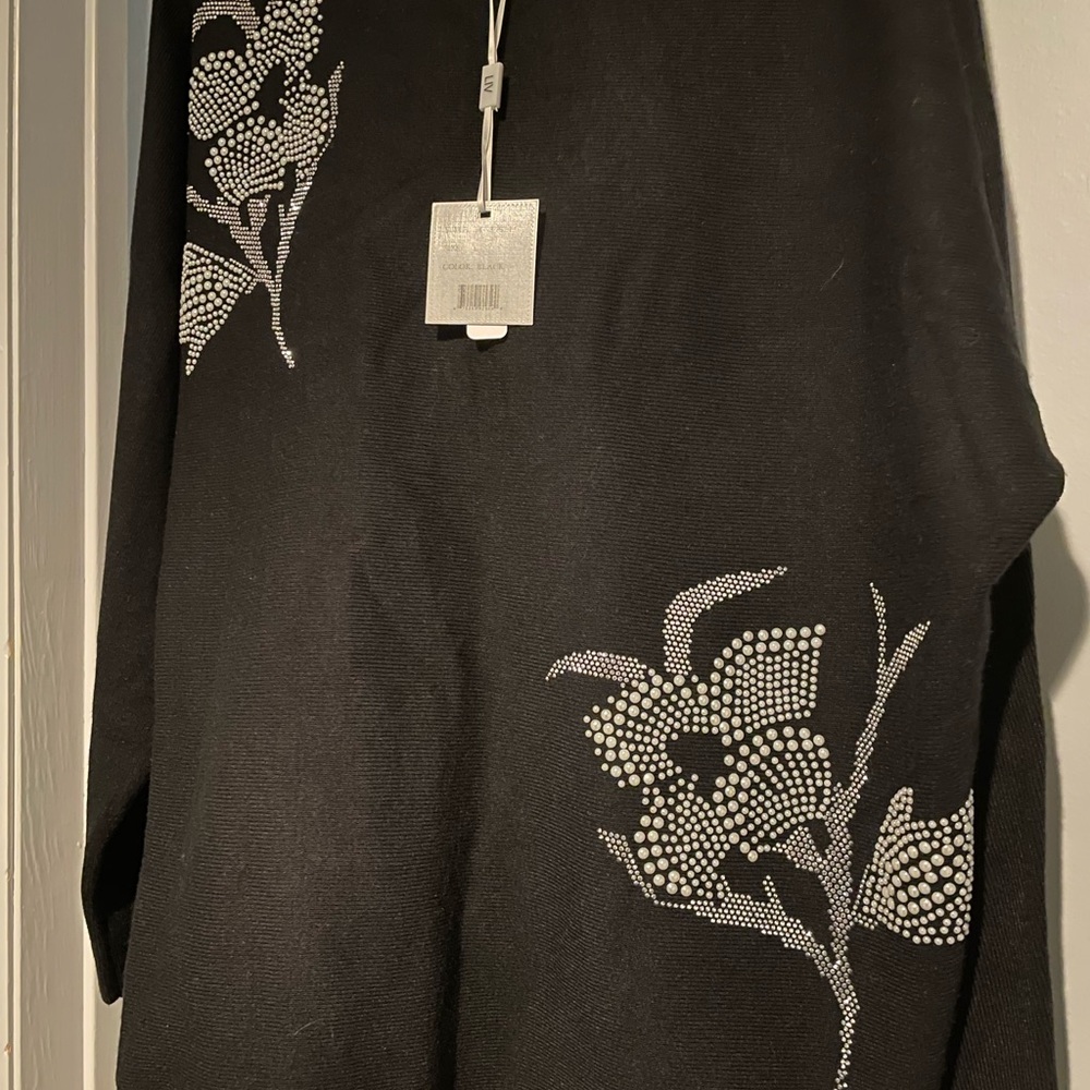 Elegant Black Sweater with Rhinestone Floral Design